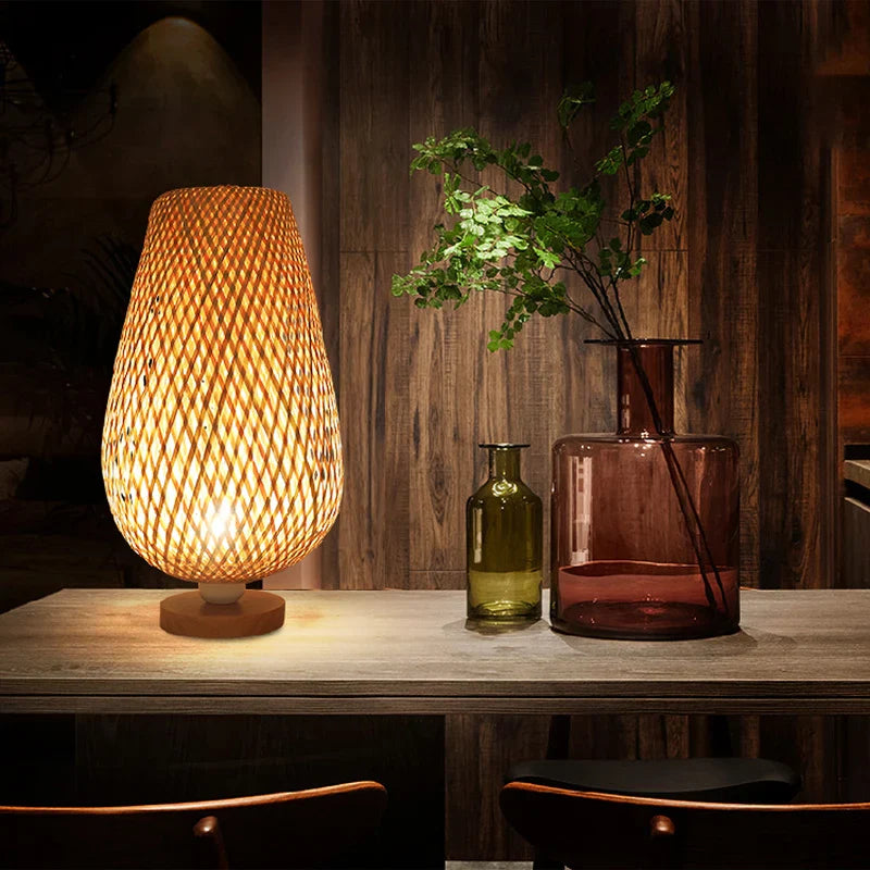 Axya Bamboo Table Lamp: Handmade Bedroom Living Room Decor Bedside Desk Light