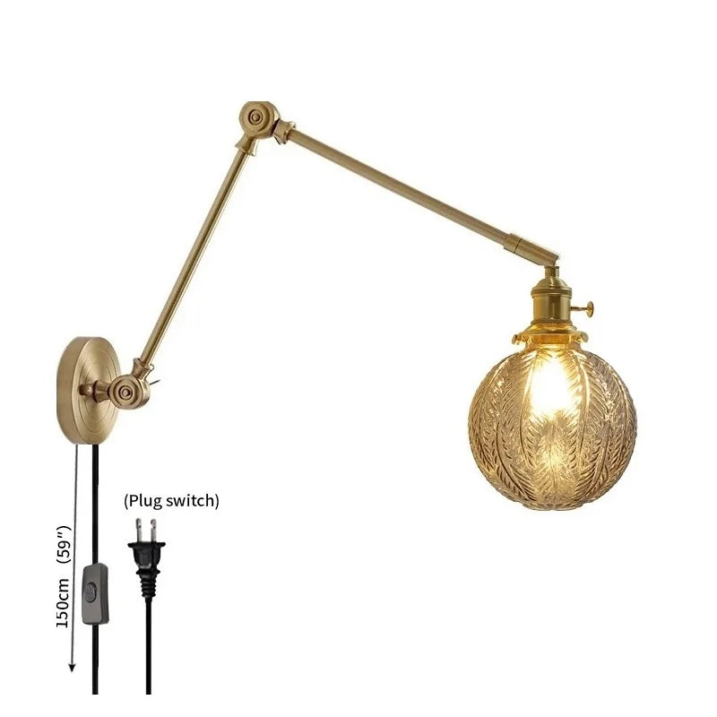 Axyaa Smoke Glass Ball LED Wall Sconce Copper Arm Switch Modern Luminaria