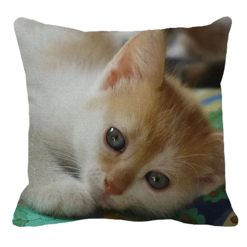 Axyaa Cat Print Linen Throw Pillowcase 45X45CM