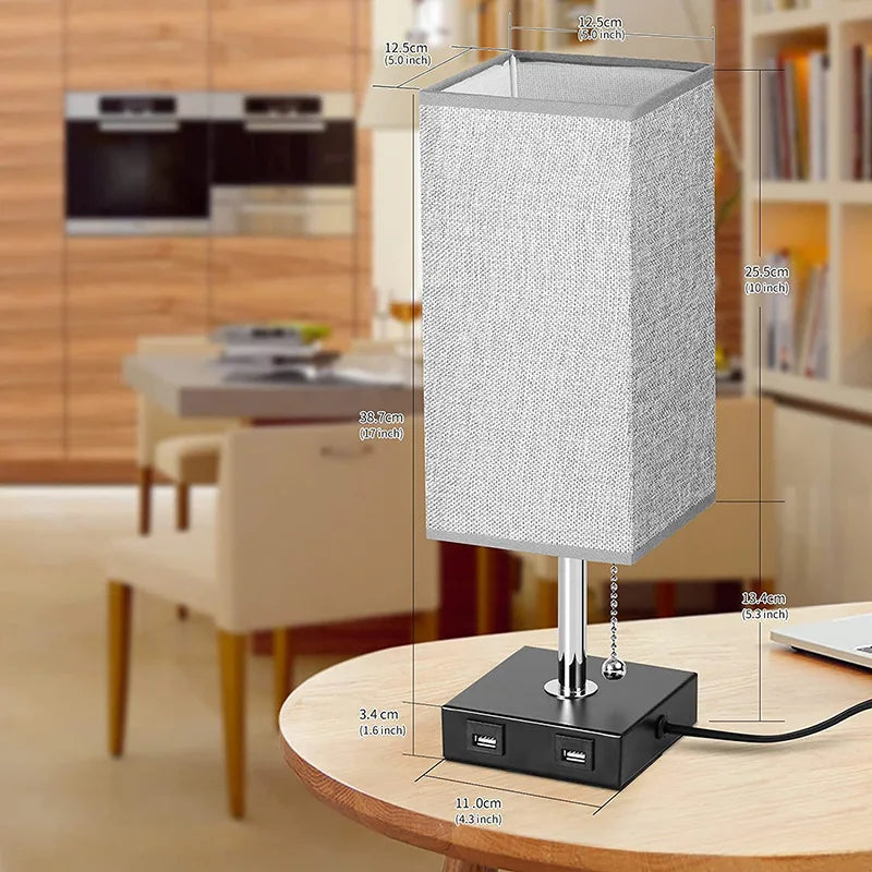 Axyaa USB Table Lamp with Pull Chain and Grey Fabric Shade