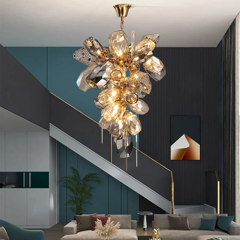 Luxury Axyaa Villa Glass Chandelier: Modern Metal Living Room Lighting Fixture