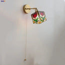 Axyaa Glass LED Wall Lights Pull Chain Switch Tiffany Style Bedside Lamp