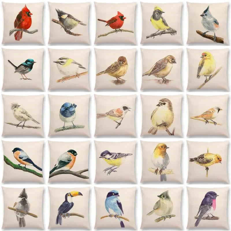 Birds Painting Cushion Cover - Axyaa Collection: Robin, Titmouse, Toucan, Sparrow, Firecrest, Cardinal, Bullfinch