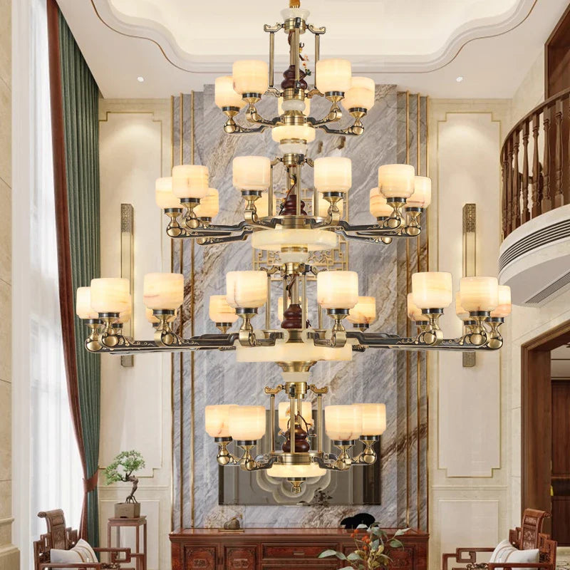 Axyaa Duplex Living Room Chandelier: Elegant Chinese Villa-style Multi-storey Zinc Alloy & Jade Lamps.