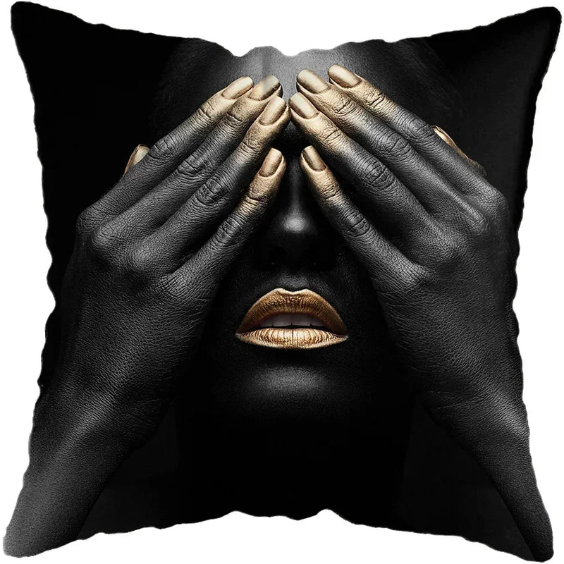 Axyaa Black Gold African Lady Woman Art Deco Pillowcase