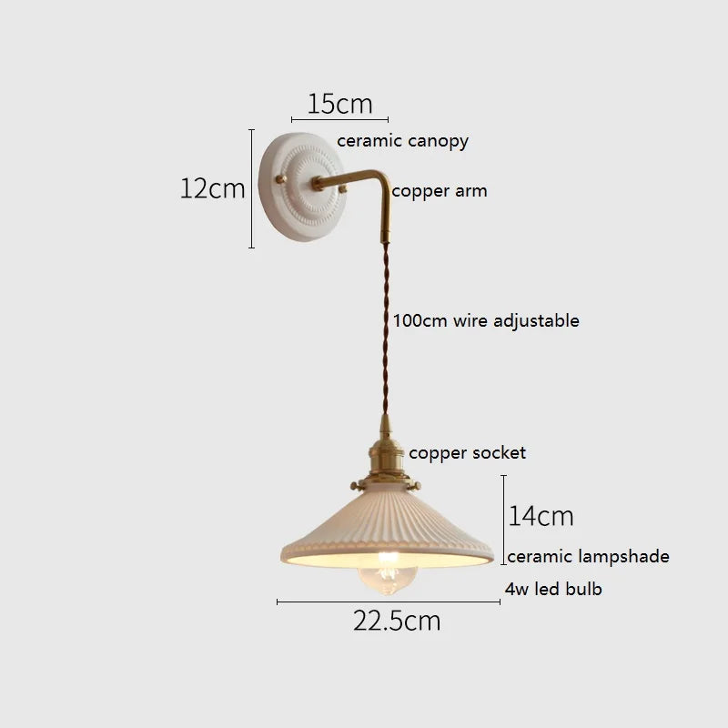 Axyaa Ceramic LED Wall Sconce with Adjustable Copper Arm for Bedroom, Bathroom, Mirror