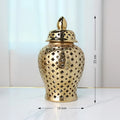 Axyaa Gold Ceramic Temple Jar with Lid, Home Decorative Vase, Hollow Storage Jar
