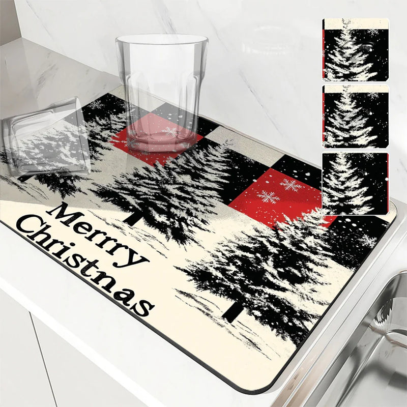 Axyaa Christmas Tree Coffee Cup Drying Mat: Non-slip Absorbent Mat for Kitchen Counter & Coffee Bar