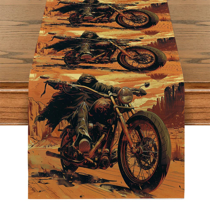 Axyaa Halloween Skull Motorcycle Table Runner Farmhouse Dining Decor Washable Long Cloth