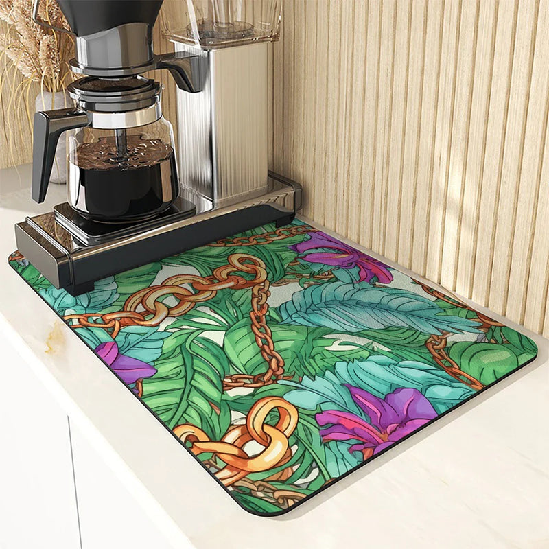 Tropical Palm Drying Mat by Axyaa: Absorbent Anti-Slip Coffee Mat & Table Placemat