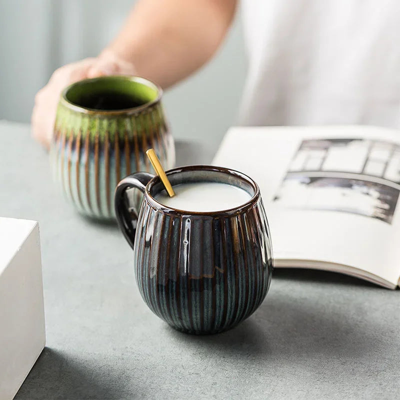 Axyaa Ceramic Vertical Pattern Coffee Mug, Japanese Style, Large Capacity, Retro Design