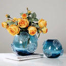 Blue Glass Vase with Medusa Embossed Flower Design by Axyaa