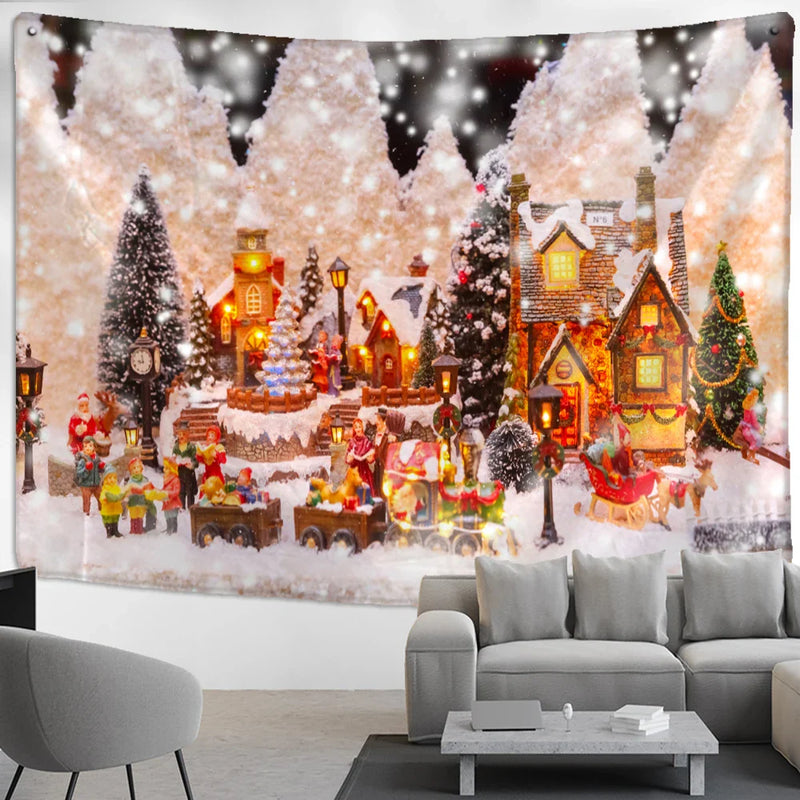 Axyaa Christmas Tapestry: Festive Holiday Scene Hanging Cloth for Home Decor