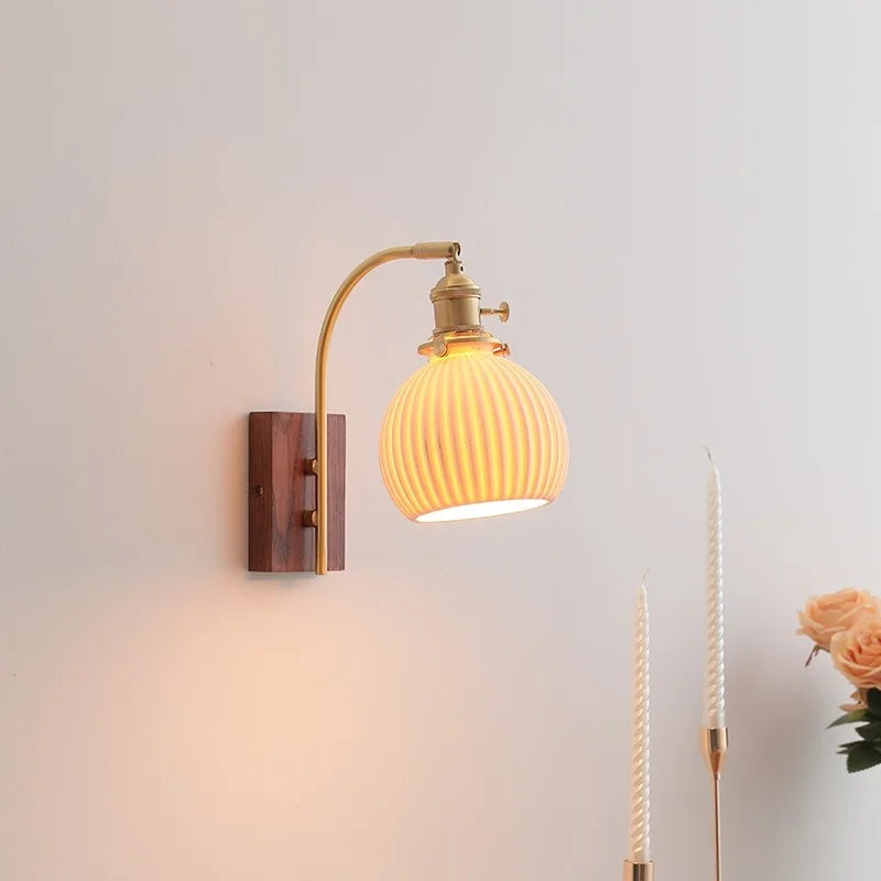 Axyaa Ceramic Walnut LED Wall Lights - Modern Bedroom & Living Room Bedside Lamp