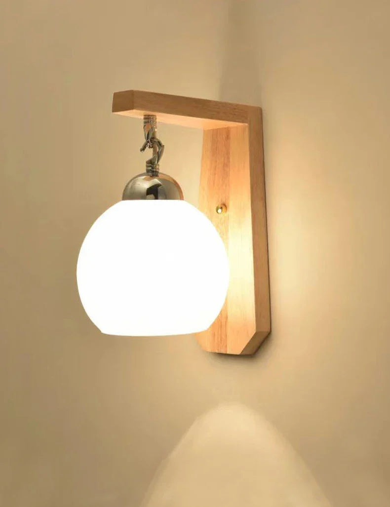 Nordic Glass Shade Sconce Wall Light by Axyaa - Wood Bedside Lamp E27