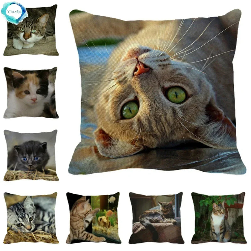 Axyaa Cat Print Linen Throw Pillowcase 45X45CM