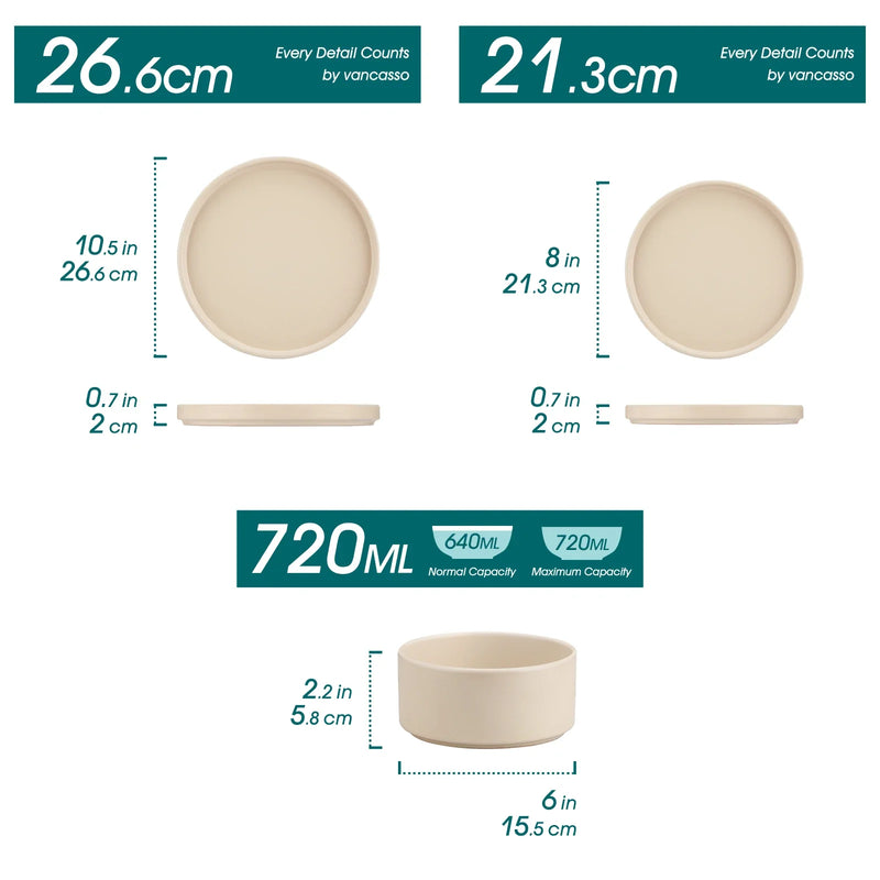 Axya Stoneware Tableware Set, 12/24/36 Pc Beige, 5 Colors, Dinner/Dessert Plate/Bowl, For 4/8/12