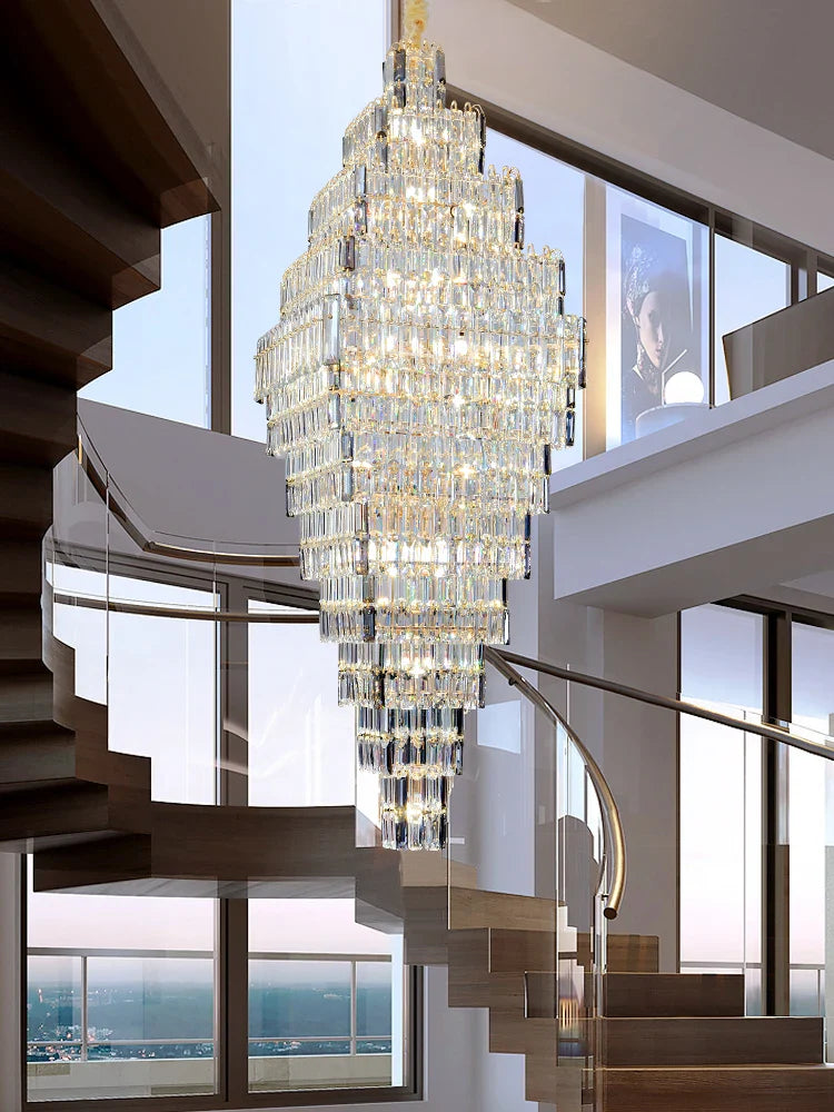 Axyaa Crystal Chandelier Loft Stairs Living Room Pendant Light