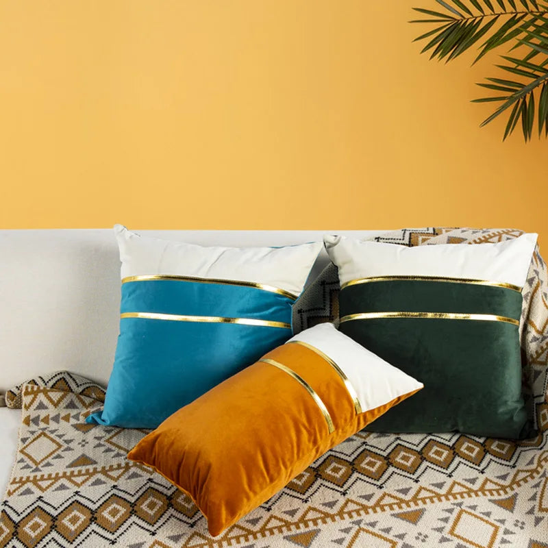Axyaa Velvet Gold Splice Cushion Cover 45x45cm - Nordic Light Luxury Home Decor Patchwork Pillowcase