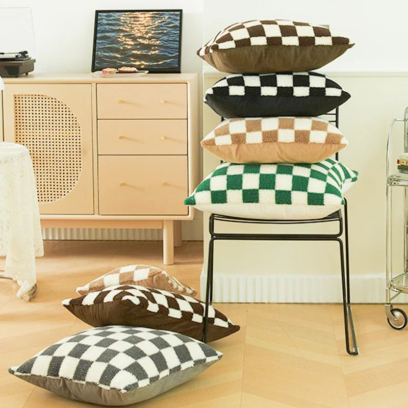 Axyaa Checkerboard Plaid Knit Plush Pillow Cover for Car Sofa, 45*45cm, 50*50cm
