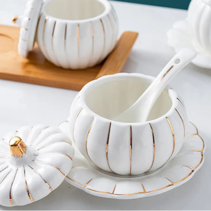 Axya Ceramic Pumpkin Cup Set with Gold Rim Cover and Spoon - Kitchen Supplies