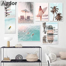 Nordic Beach Surfing Coconut Tree Poster Art Print Modern Home Decor by Axyaa