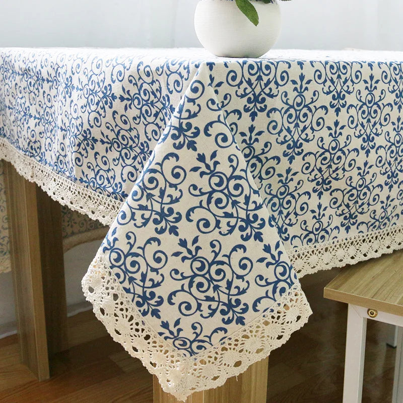 Axya Retro Blue & White Porcelain Pattern Tablecloth - Chinese Classical Cotton Linen