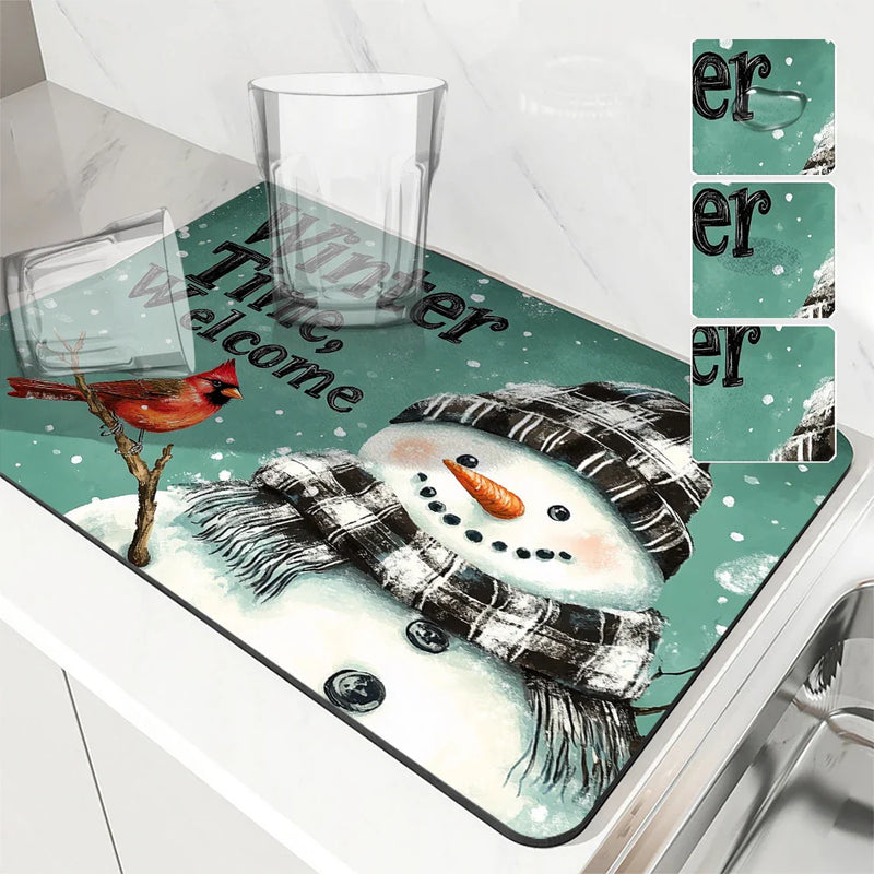 Axyaa Snowman Drying Mat - Quick Kitchen Drain Pad for Faucet & Dishware