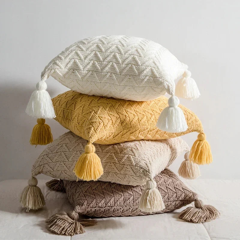 Axyaa Soft Knit Cushion Cover 45x45cm Solid Pillow Case with Tassels