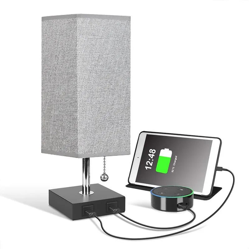 Axyaa USB Table Lamp with Pull Chain and Grey Fabric Shade