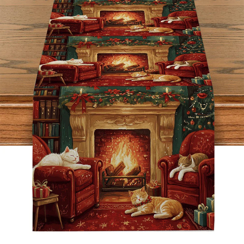 Axyaa Christmas Cat Fireplace Bow Table Runner for Kitchen Holiday Party Decor
