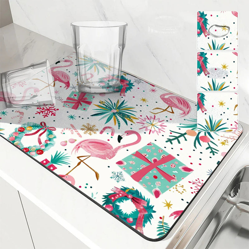 Flamingos Square Dry Mat: Axyaa Absorbent & Anti-slip Cup Drainer