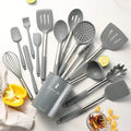 Axyaa 15Pcs Silicone Kitchen Utensil Set with Stainless Steel Handle & Storage Bucket