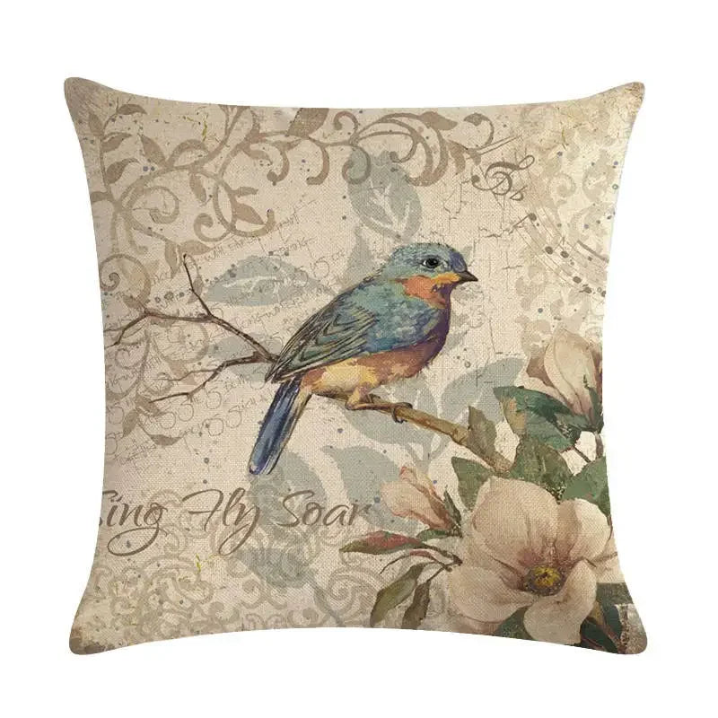 Axyaa Retro Bird Branch Linen Pillow Cover for Home Decor and Comfort