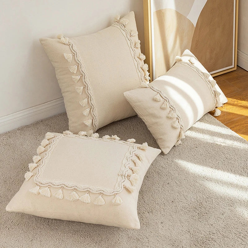 Axyaa Beige Cotton Weave Fringed Cushion Cover for Home Decor