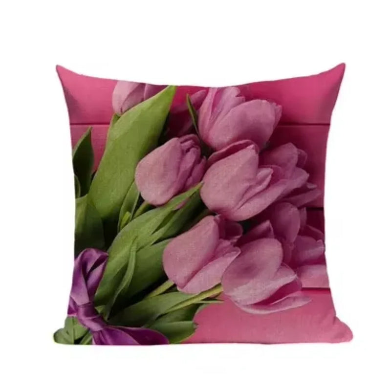 Pink Tulip Linen Cushion Cover - Axyaa 45x45cm Pillowcase