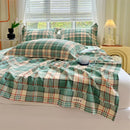 Axyaa Green Check Raw Cotton Double Bed Sheets Set Queen/King Flat Top Full Cover