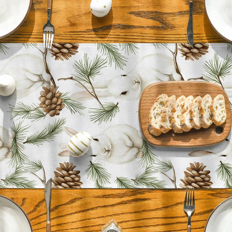 Axyaa Christmas Rabbit Pine Cone Fir Table Runner for Festive Dining Decor