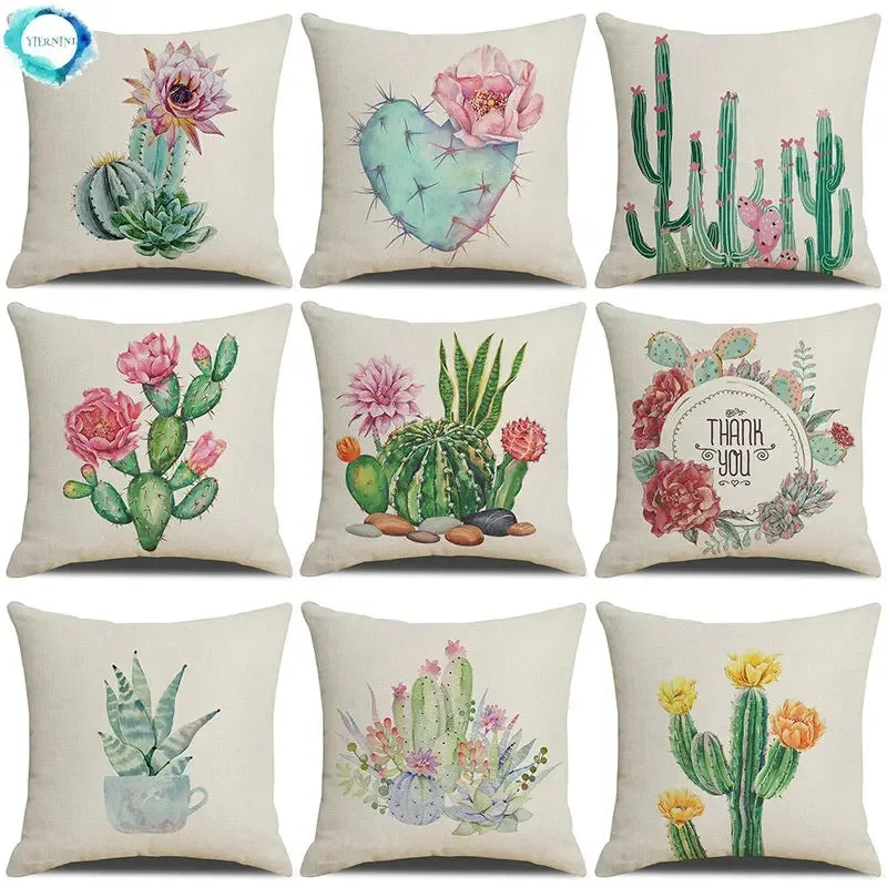 Axyaa Cactus Series Green Plant Printed 45*45cm Cushion Cover - Simple Style Square Pillowcase