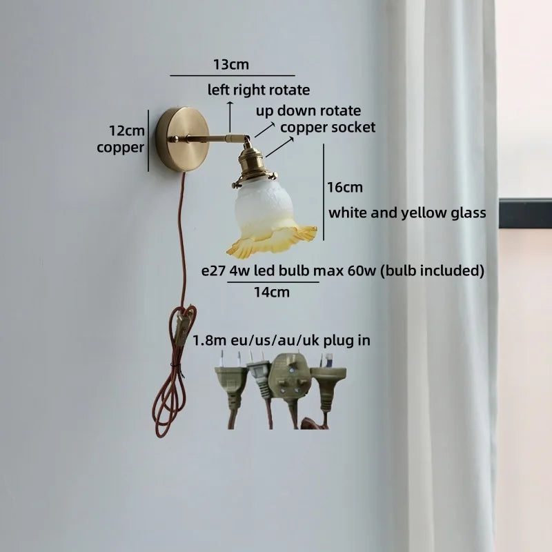 Axyaa Nordic LED Wall Lamp for Bedroom Bedside, Modern Copper Arm, Up Down Rotate, Bathroom Mirror Light