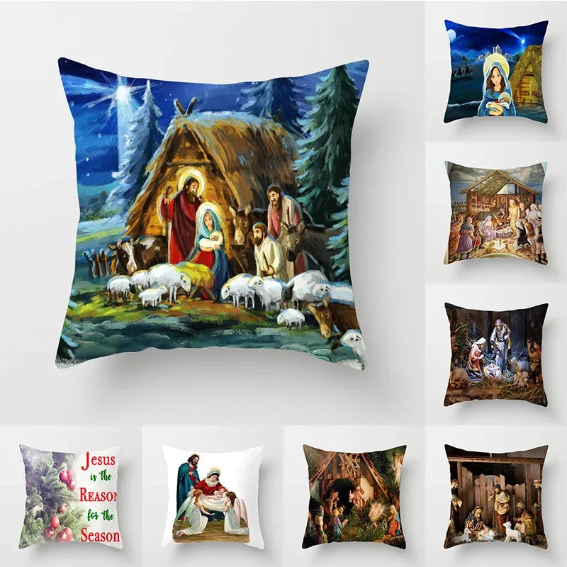 Retro Oil Painting Christmas Pillowcase - Axyaa Nativity Cushions Case Jesus Christ Print Throw Pillows Case