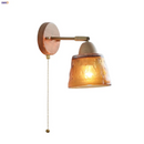Axyaa Wood Canopy LED Wall Lights Amber Glass Sconce Nordic Modern Bedside Lamp