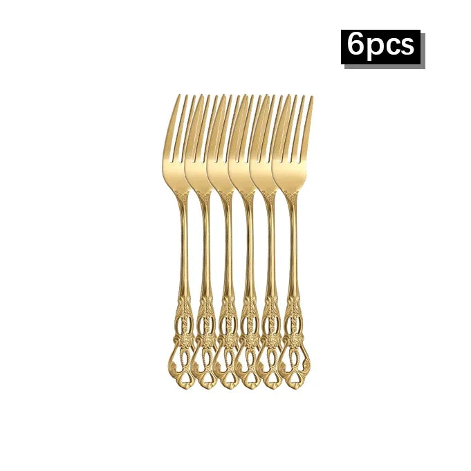 Axyaa Gold Embossed Stainless Steel Tableware Set, Steak Knife, Fork, Spoon, Dessert Fork