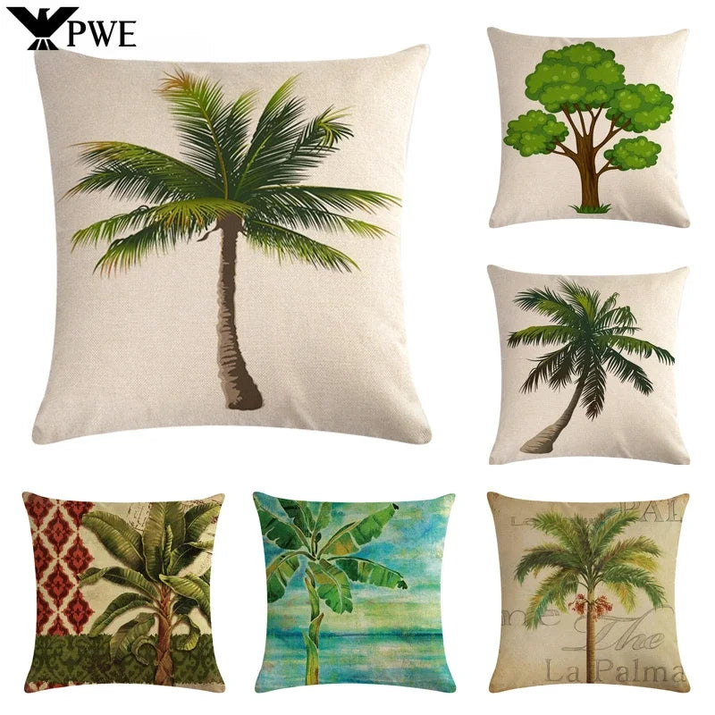 Tropical Tree Green Plant Linen Cushion Cover by Axyaa for Home Decoration