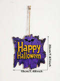Axyaa Happy Halloween Wooden Hanging Sign with Bat Design in Purple & Yellow