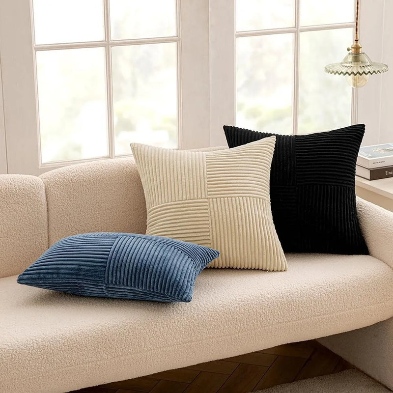 Axyaa Blue Corduroy Striped Throw Pillow Covers for Living Room, Bed and Sofa