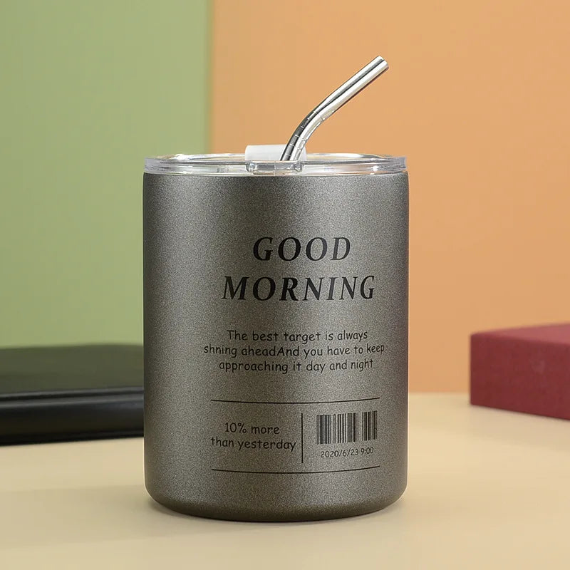 Axyaa Stainless Steel Double-layer Coffee Cup with Straw