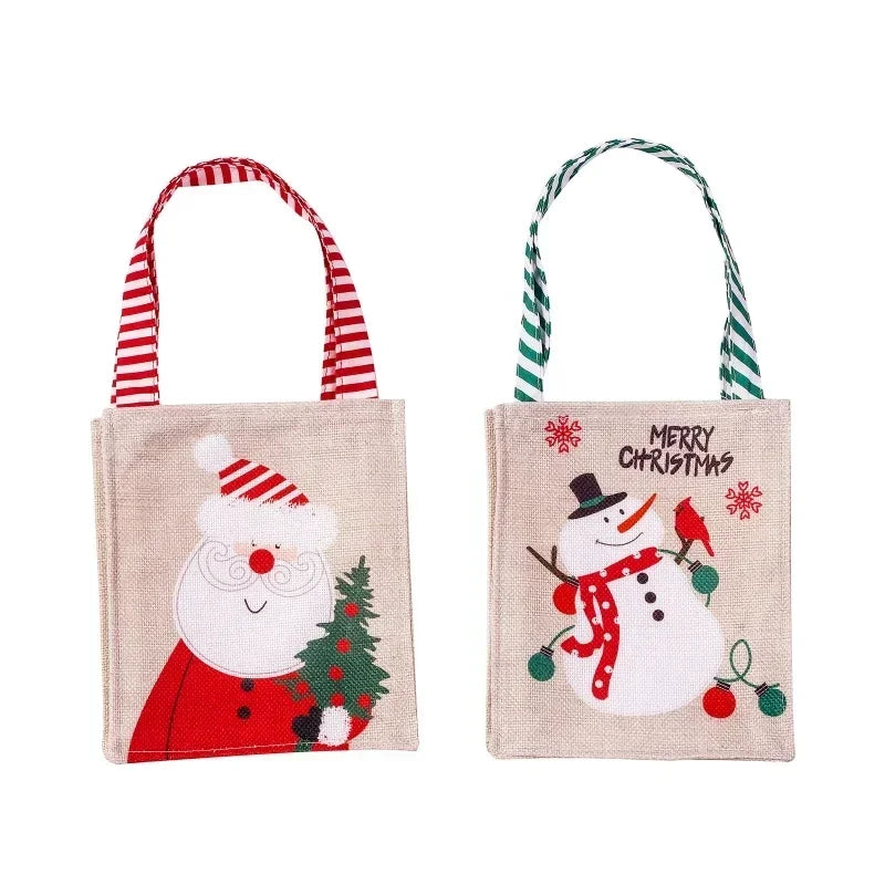Christmas Candy Bag with Snowman & Santa Claus Pattern by Axyaa - Festive Tote Bag