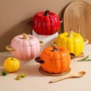 Axyaa Pumpkin Binaural Ceramic Soup Pot with Lid Large Noodle Bowl