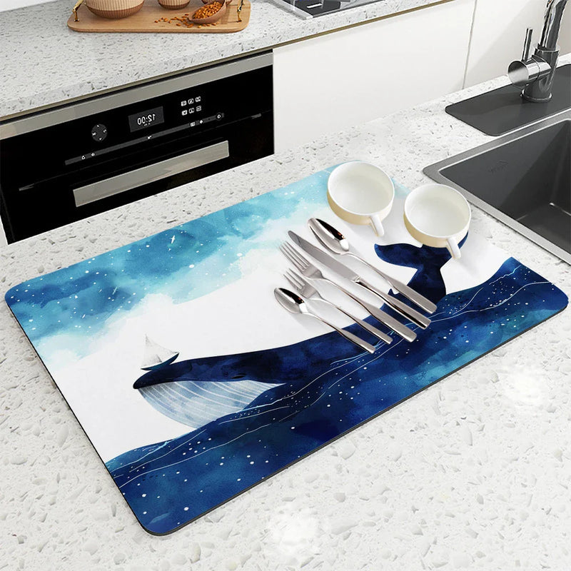 Axyaa Ocean Whales Sailing Stars Absorbent Drying Mat for Kitchen Tables